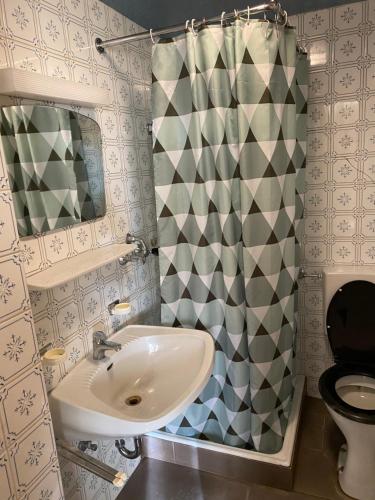 a bathroom with a sink and a toilet and a shower curtain at Marina Alpen Haus in Zell am See