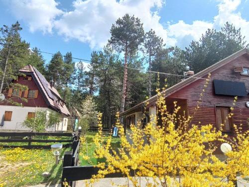una casa con flores amarillas delante de un patio en Abgeschiedene Berghütte mit 6 Schlafzimmern, umgeben von einem Pinienwald, en Rudanovac
