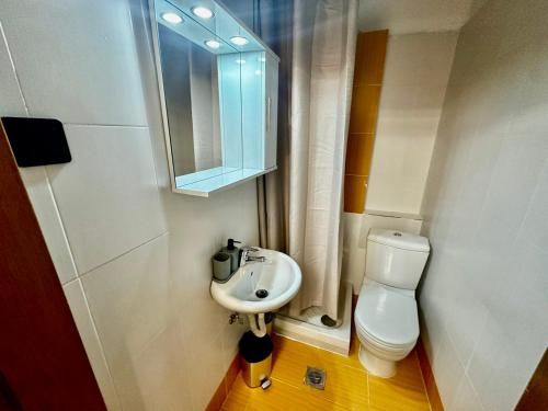 Un baño pequeño con inodoro y lavabo. en TRAVELLERS JULIUS STUDIO DOWN TOWN Thessaloniki University, en Tesalónica