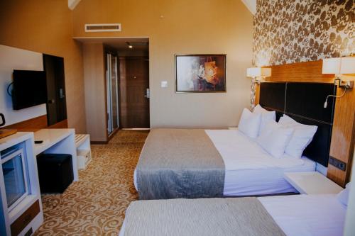 um quarto de hotel com uma cama e uma televisão de ecrã plano em Elgarden Hotel & Residence em Masukiye