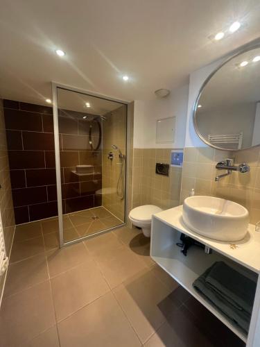 une salle de bain avec un lavabo, une douche et des toilettes dans l'établissement LOFT CANNES Chaleureux - Climatisation - wifi - 650 m du Palais des festivals, plage, à Cannes