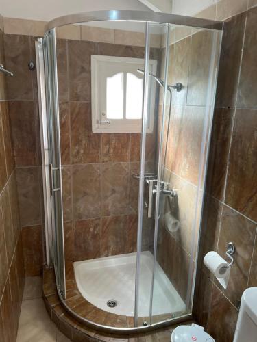 a shower with a glass door in a bathroom at Hamre Apartments (Nicholas) in Agios Georgios Pagon