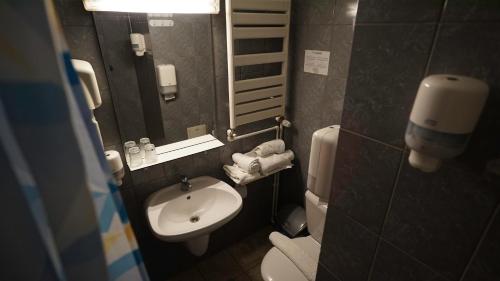 a bathroom with a sink and a toilet and a mirror at Vila Trandafirul si Liliacul in Căciulata