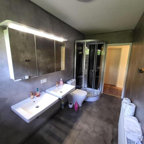ein Badezimmer mit zwei Waschbecken, einer Dusche und einem WC in der Unterkunft Ferienhaus Rottweil Neufra in Rottweil