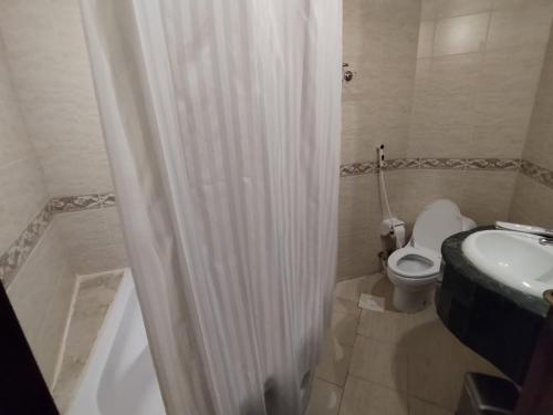 W łazience znajduje się toaleta, umywalka i prysznic. w obiekcie شقق الفرسان حي السلامة w mieście Dżudda