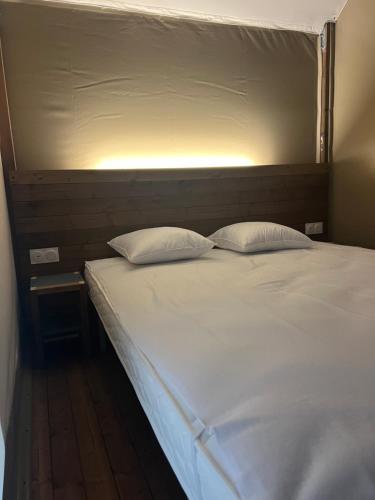 Una cama blanca con dos almohadas encima. en lodge lavallee, en Belvédère