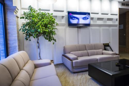 sala de estar con 2 sofás y TV en Tbilisi Inn, en Tiflis