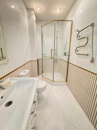 La salle de bains est pourvue d'une douche, de toilettes et d'un lavabo. dans l'établissement Люкс апартаменты в Актобе, à Aqtöbe