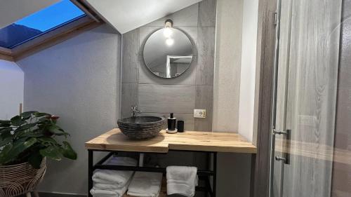 a bathroom with a sink and a mirror at La Casa Verde in Buşteni