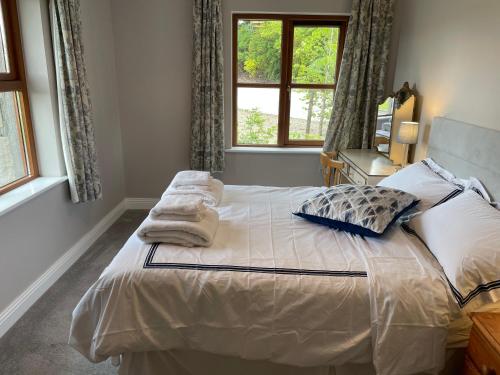 1 dormitorio con cama con almohadas y ventana en Creevagh Cottage, en Castlebar