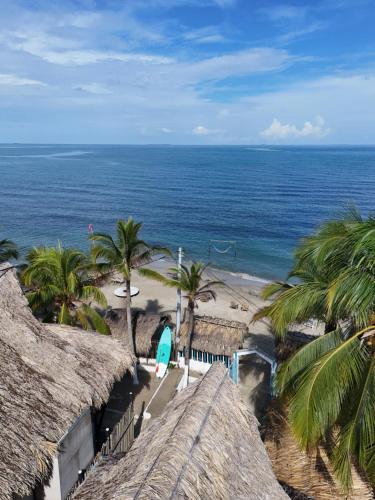 uma vista para uma praia com palmeiras e para o oceano em Palenque Beach House em San Onofre