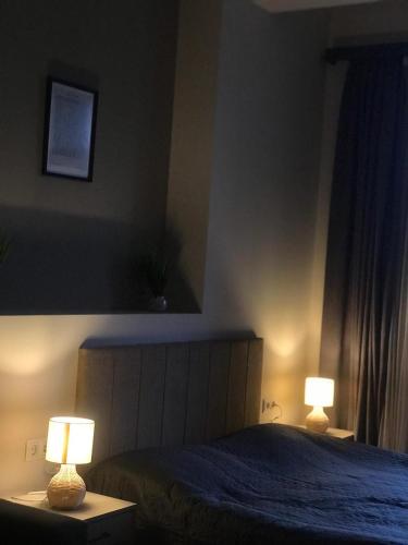 a bedroom with a bed and two lamps on tables at Kechi Apart, Hotel Nice View No 139, 6th floor in Tsaghkadzor
