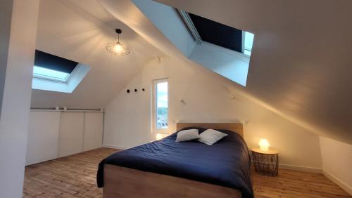 - une chambre avec un lit et 2 oreillers dans l'établissement Appartement cosi au cœur de la Venise Normande, à Pont-Audemer