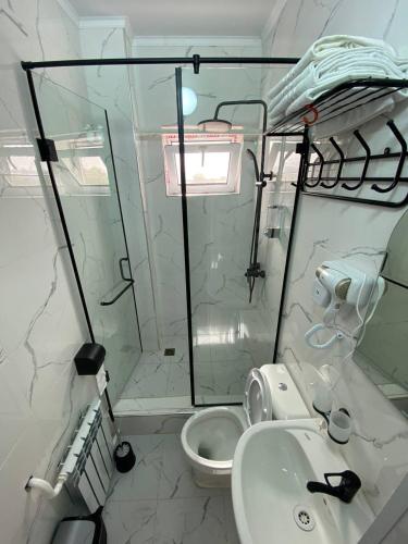 a bathroom with a shower and a toilet and a sink at Bagysh Hotel in Kochkor