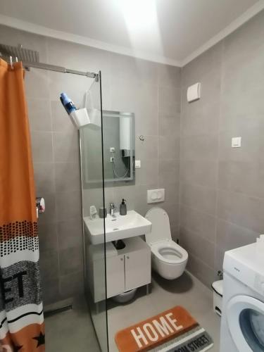 een badkamer met een toilet, een wastafel en een douche bij Vegi Apartments in Bar