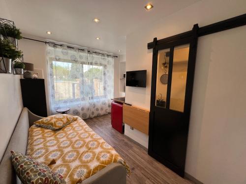 une chambre avec un lit, une télévision et une fenêtre dans l'établissement Les Haltes de la Rive Gauche, à Sury-près-Léré