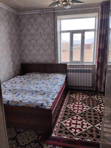 Schlafzimmer mit einem Bett, einem Fenster und einem Teppich in der Unterkunft Eshinbay in Sary-Mogul