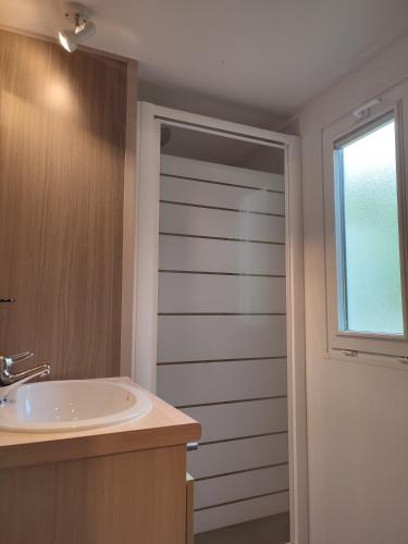 a bathroom with a tub and a sink and a window at Mobil home Gîte Canal Nantes à Brest 40 minutes Nantes et Saint-Nazaire in Guenrouet