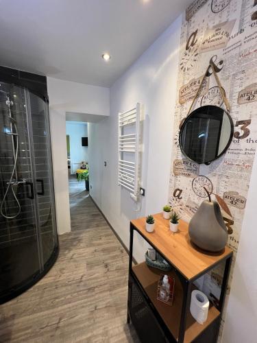 La salle de bains est pourvue d'un miroir mural. dans l'établissement Les Haltes de la Rive Gauche, à Sury-près-Léré