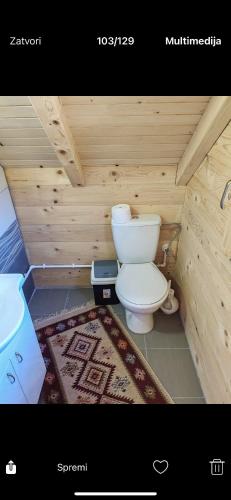 Un baño pequeño con inodoro y lavabo. en Tosic etno kamp, en Pirot