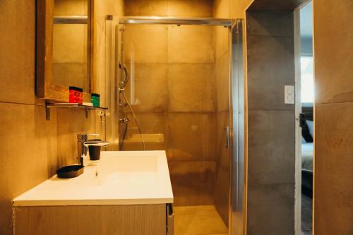 een badkamer met een douche en een wastafel bij La Farigoule in Saint-Raphaël
