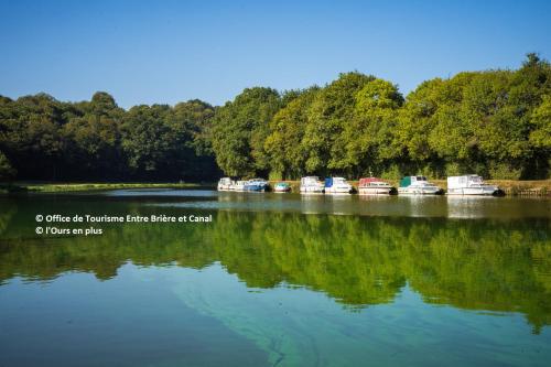 a group of boats sitting on the water at Mobil home Gîte Canal Nantes à Brest 40 minutes Nantes et Saint-Nazaire in Guenrouet