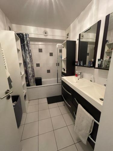 une salle de bain blanche avec un lavabo et une douche dans l'établissement appartement 6 pers à 1km du village olympique, à Saint-Ouen
