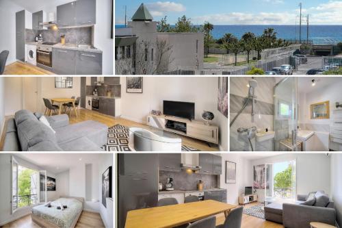 un collage de fotos de una sala de estar y una cocina en Le Érvé-350M Plage-Wifi Clim-VCA, en Cannes
