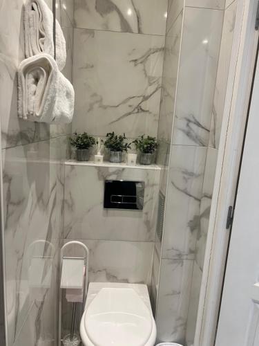 La salle de bains est pourvue de toilettes et de plantes en pot. dans l'établissement Charming Studio 16, à Paris