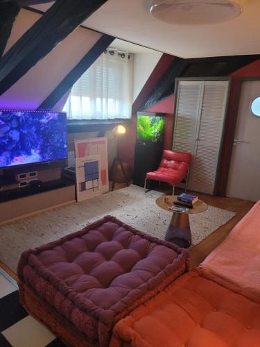 Il comprend un salon doté d'un canapé et d'une télévision à écran plat. dans l'établissement Appartement Atypique, à Soultz-Haut-Rhin