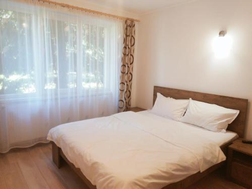 Un dormitorio con una cama blanca con una ventana. en Gold Apartments, en Baia Mare