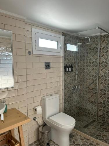 a bathroom with a toilet and a shower at Mary Lo Guest House in Nydri