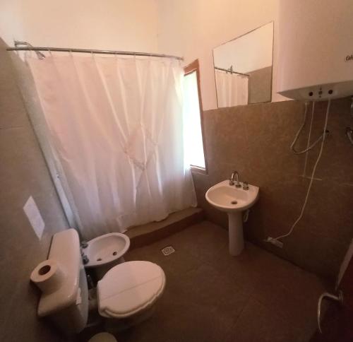 a small bathroom with a toilet and a sink at La Haciendita Hostel in Humahuaca