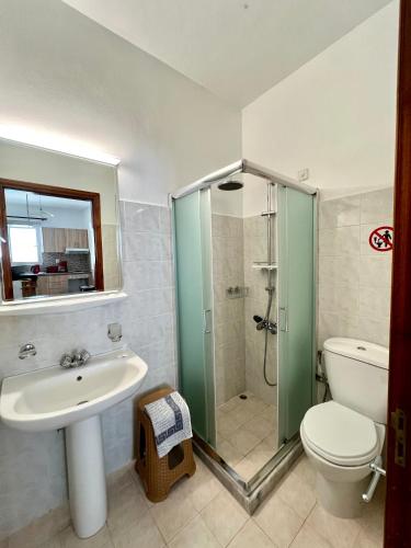 a bathroom with a shower and a toilet and a sink at SCALA APARTS & STUDIOS - Rhodes in Afantou