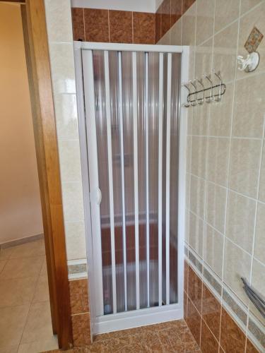 een douchedeur in een badkamer met een tegelwand bij Appartamento estivo in Vieste