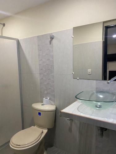 a bathroom with a toilet and a sink and a mirror at Hotel Raquel Rosado in Fonseca