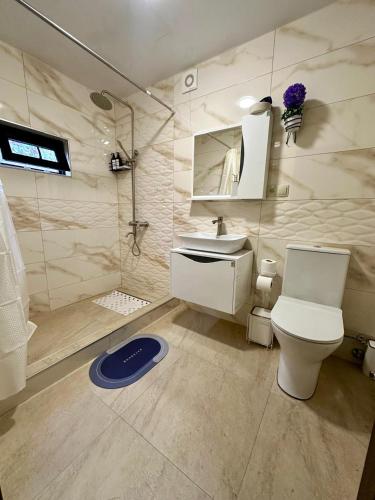 a bathroom with a toilet and a sink and a shower at Royal Cottages in Kazbegi