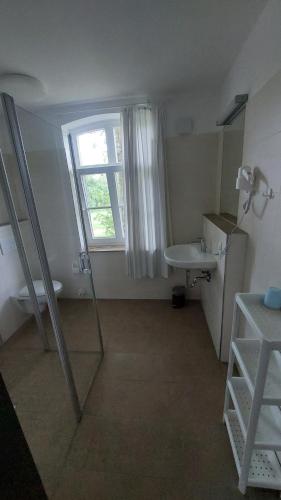 a bathroom with a sink and a toilet and a window at Gasthuus Ulenhoff in Westoverledingen