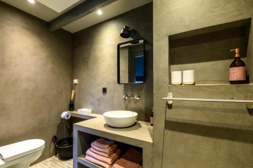 a bathroom with a sink and a toilet at Vakantiehuisje Bellefleur huisje Jasmijn in Roderwolde