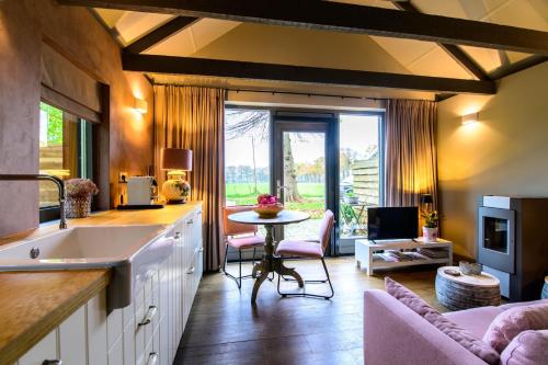 a kitchen with a sink and a table in a room at Vakantiehuisje Bellefleur huisje Jasmijn in Roderwolde