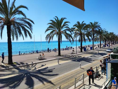 a view of a beach with palm trees and the ocean at Beau studio meublé hyper centre Nice in Nice