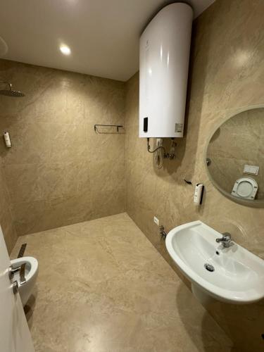 a bathroom with a sink and a mirror at The Boulevard Bliss in Tirana