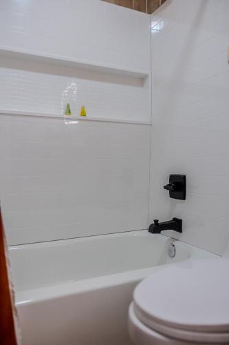 a white bathroom with a toilet and a bath tub at The Wine Dome in Willcox