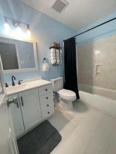 a bathroom with a sink and a toilet and a shower at Cottage Hill Comfort in Mobile