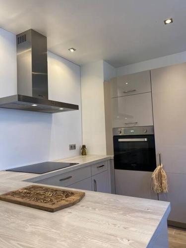 - une cuisine avec un comptoir et une cuisinière four supérieur dans l'établissement Gîte - Le cocon de la Marquise, à Wattwiller