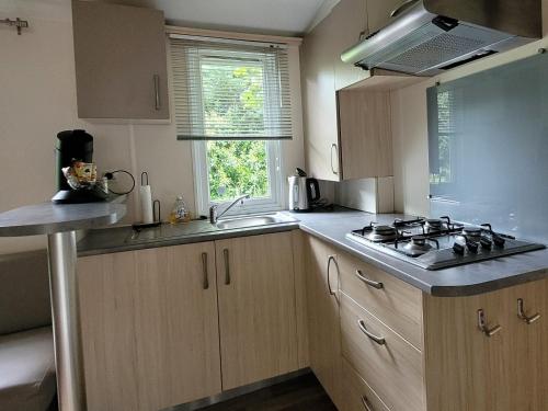 a kitchen with a stove and a sink at MobilHome Marie EUROPAPARK 20min in Boofzheim