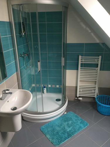 a bathroom with a shower and a sink and a tub at U Rozlitýho mlíka in Chvaleč