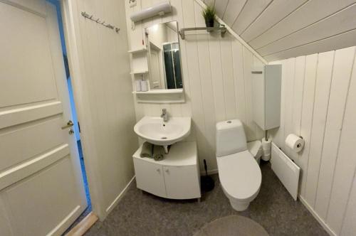 a small bathroom with a toilet and a sink at Fjord road in Hjelmeland