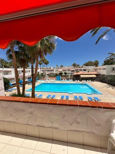 a swimming pool with chairs and palm trees at Sunny terrace, fast WiFi relax & remote work quiet area in Arona