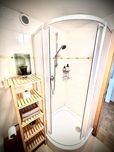 a shower with a glass door in a bathroom at Franziskaner Suites #9 in Graz